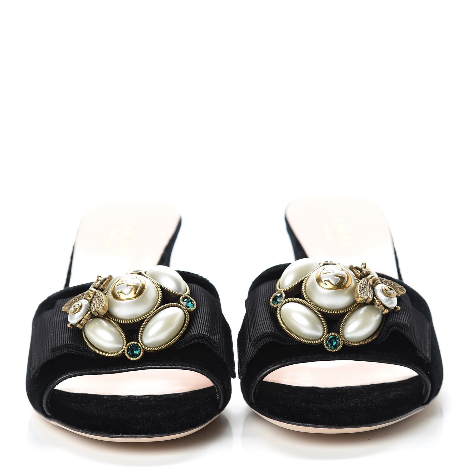 Gucci Velvet Etoile Pearl Embellished Mid Heel Slide Sandals 35.5 Black 2 of 8