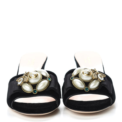 Gucci Velvet Etoile Pearl Embellished Mid Heel Slide Sandals 35.5 Black 2 of 8