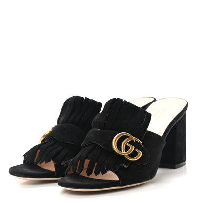 Gucci Kid Scamosciato GG Marmont Fringe 75mm Slide Sandals 39.5 Black 3 of 7