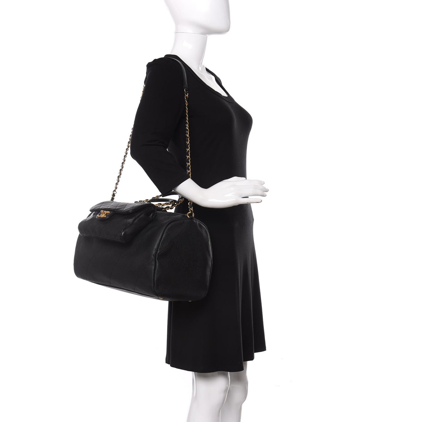 Grained Calfskin Lambskin Quilted Large Bowling Bag Black
