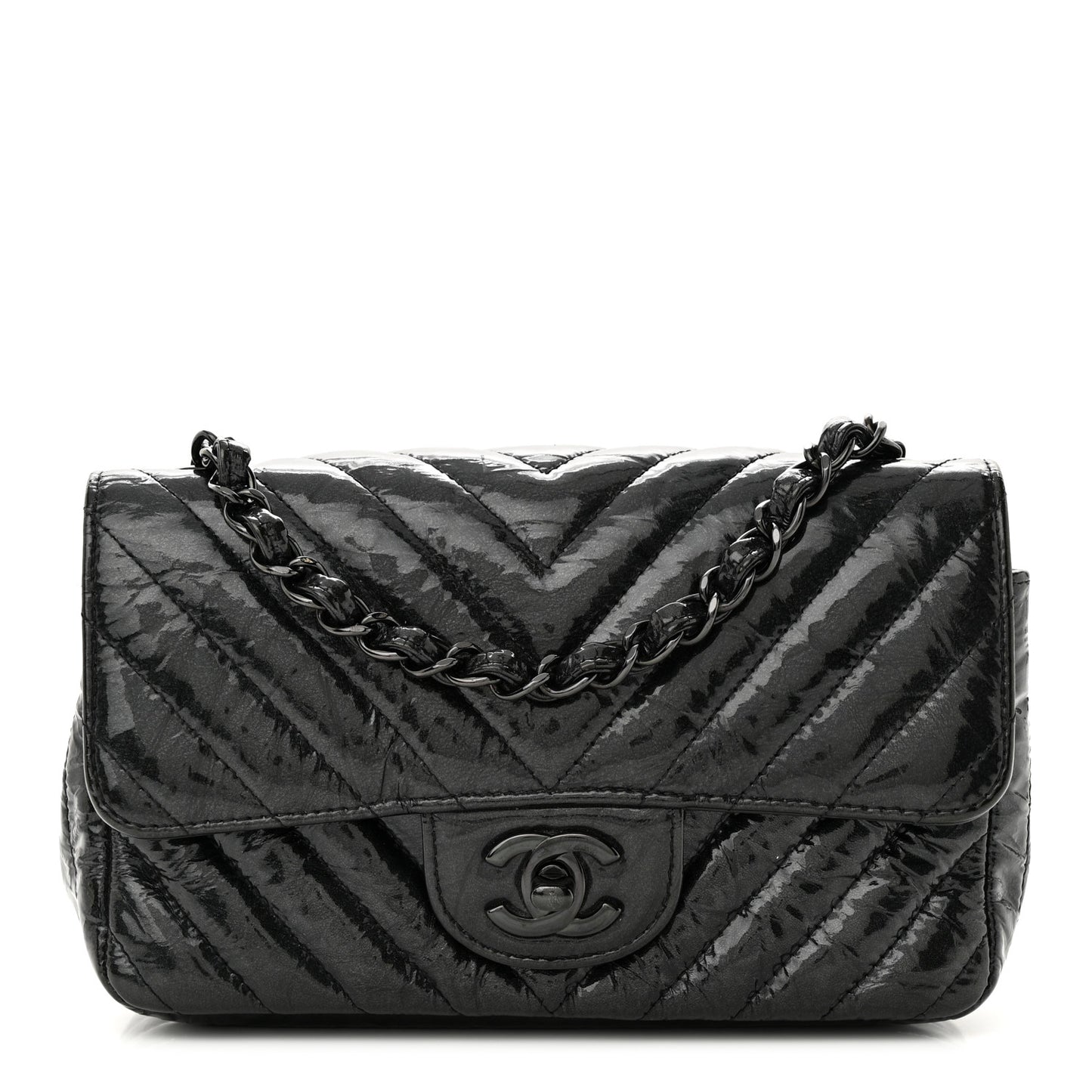 Patent Metallic Crumpled Calfskin Chevron Quilted Mini Rectangular Flap So Black