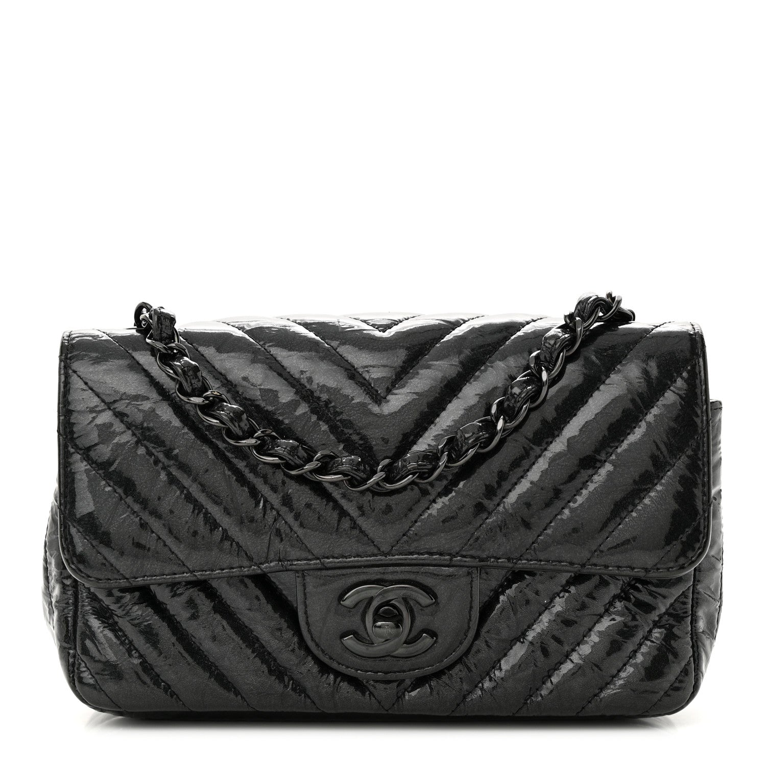 Chanel Patent Metallic Crumpled Calfskin Chevron Quilted Mini Rectangular Flap So Black 1 of 12
