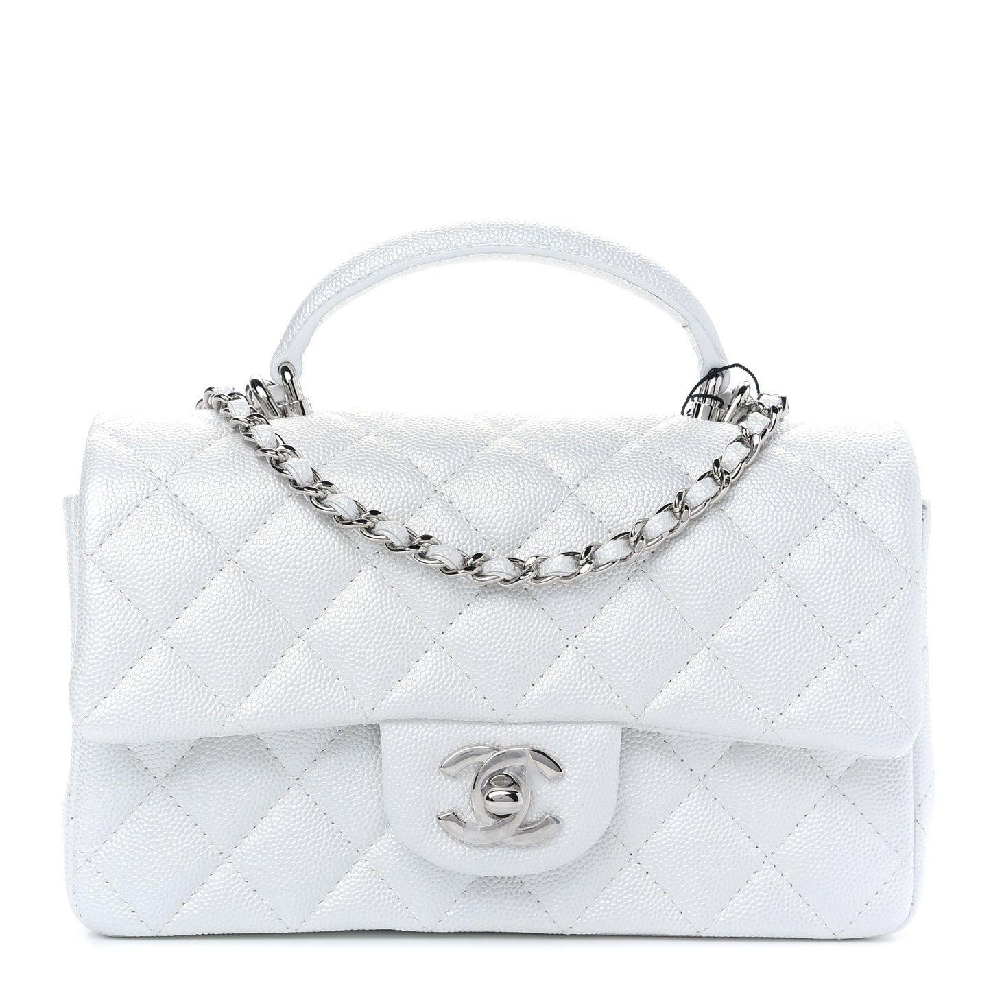 Iridescent Caviar Quilted Mini Top Handle Rectangular Flap White