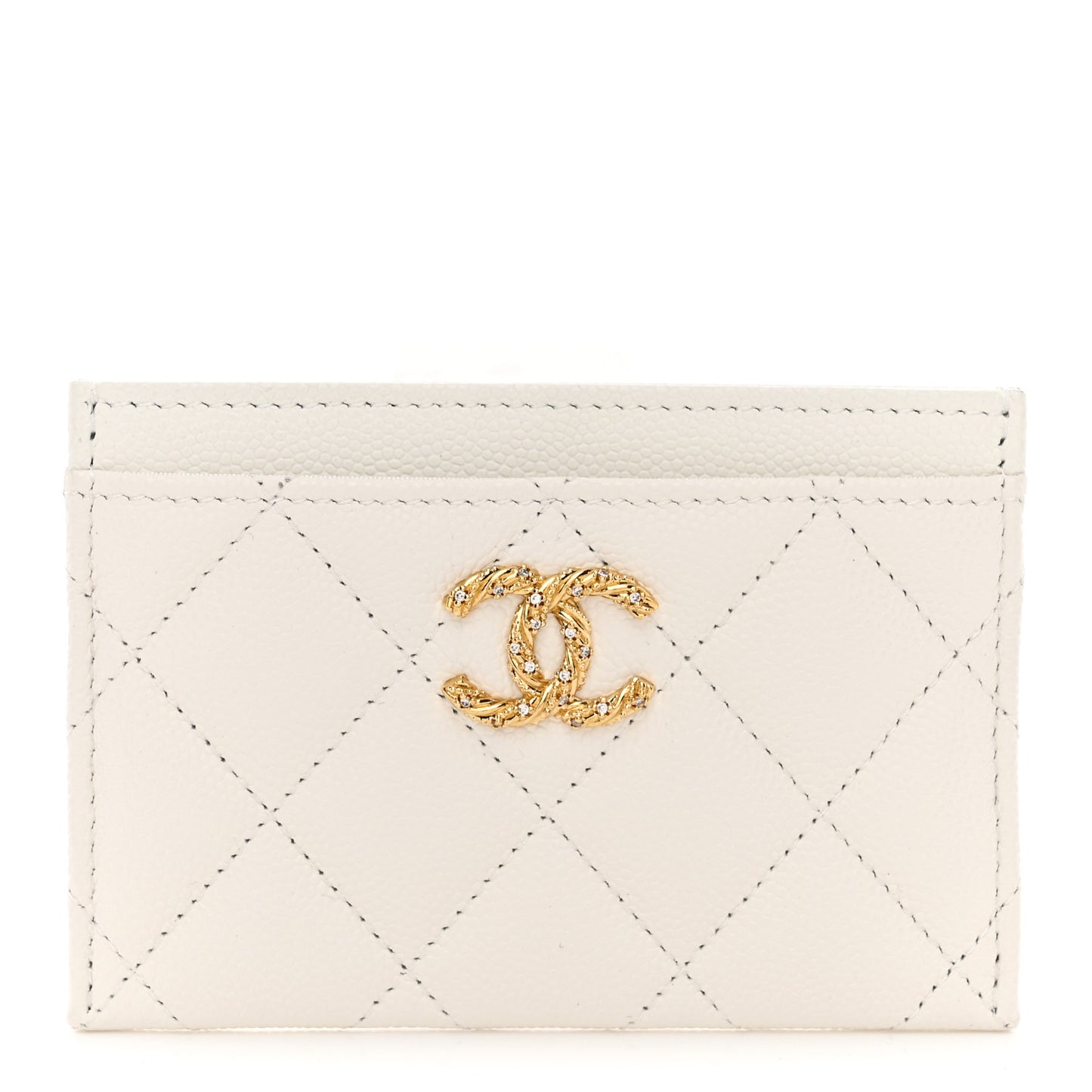 Caviar Quilted Crystal CC Card Holder White