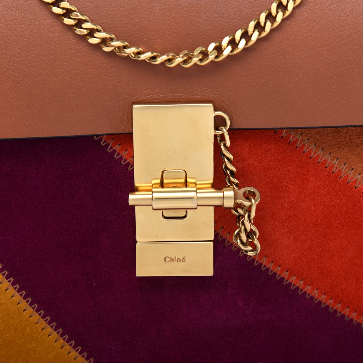 Calfskin Suede Rainbow Patchwork Drew Shoulder Bag Caramel