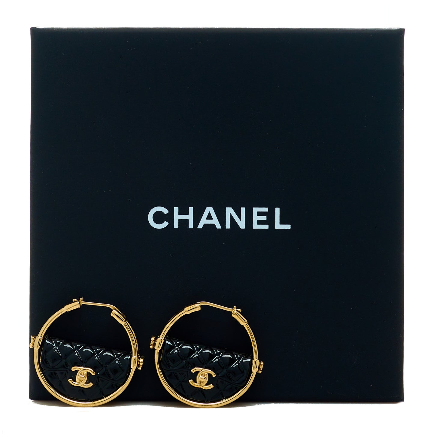 Metal Resin Quilted Flap Bag Hoop Earrings Black Gold