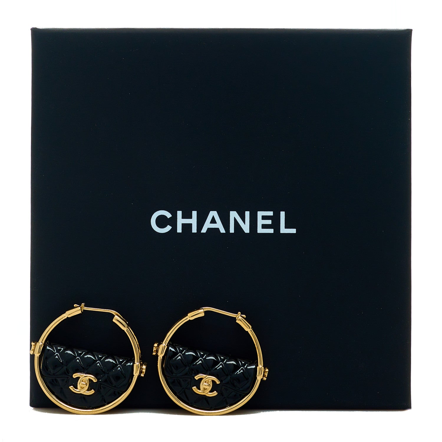 Chanel Metal Resin Quilted Flap Bag Hoop Earrings Black Gold 5 of 5