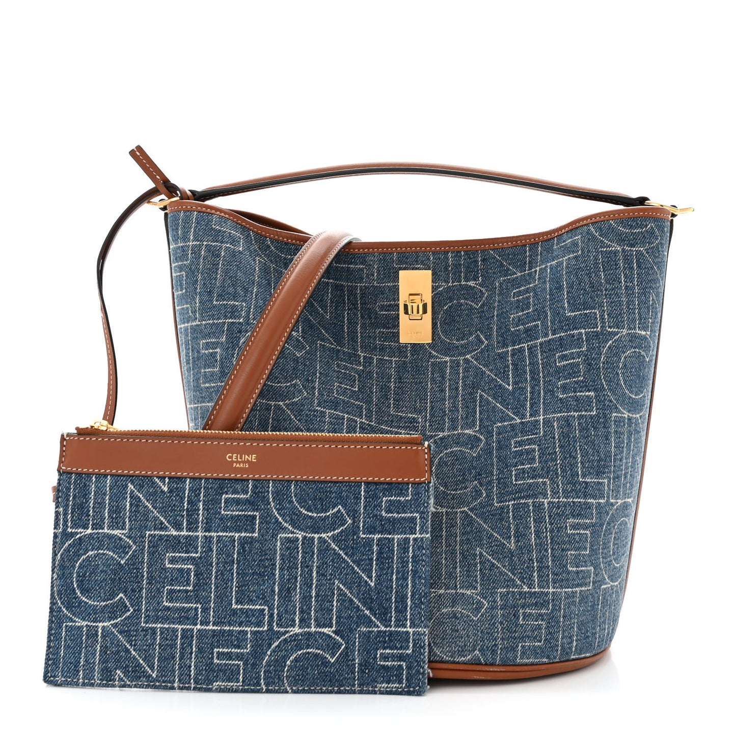 Denim Calfskin Logo Bucket 16 Bag Blue