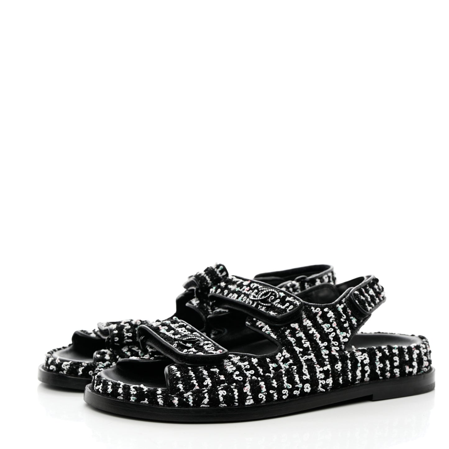 Tweed Lambskin Dad Sandals 37 Black White
