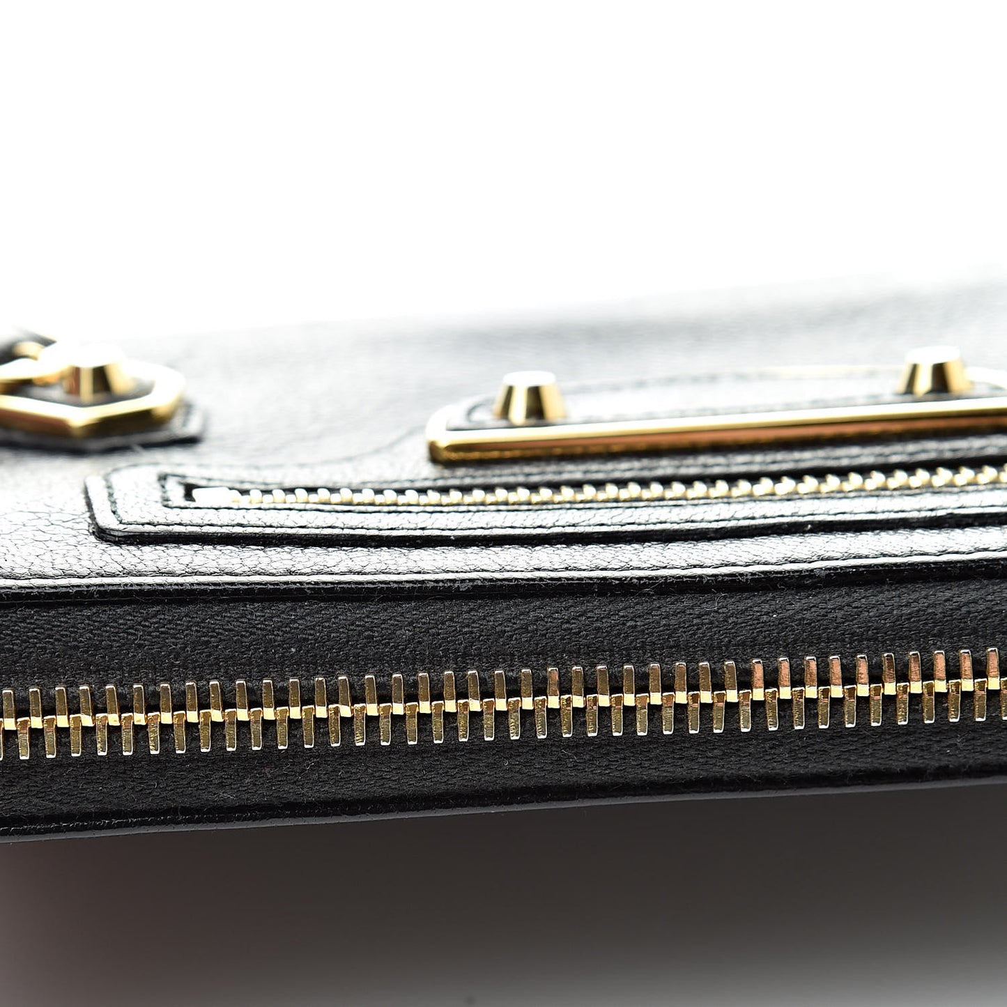 Chevre Gold Metallic Edge Hardware Zip Around Wallet Black