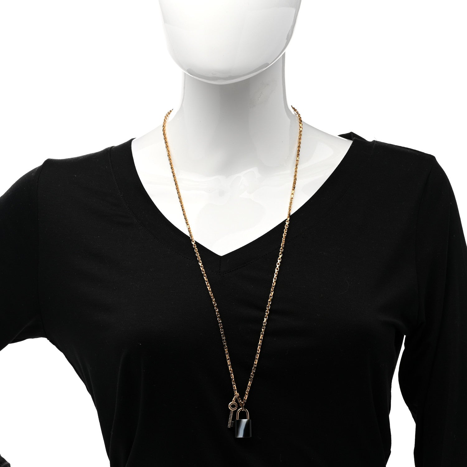 Louis Vuitton Metal Onyx Crystal Padlock And Key Pendant Necklace Gold Black 2 of 5