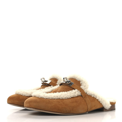 Hermes Suede Goatskin Woolskin Womens Oz Mules 38 Naturel 4 of 9