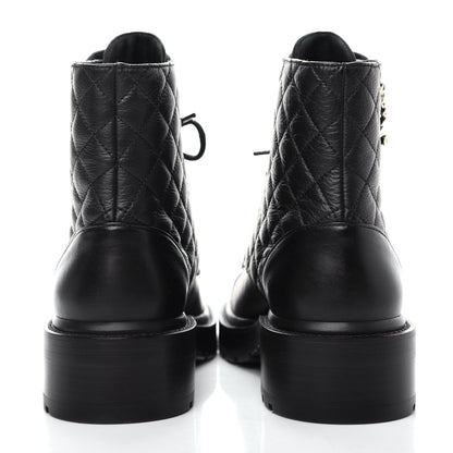 Chanel Shiny Goatskin Calfskin Quilted Lace Up Combat Boots 38 Black 7 of 10