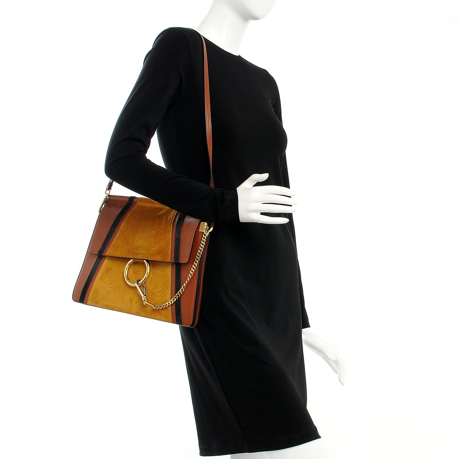 Chloe Suede Calfskin Patchwork Medium Faye Shoulder Bag Tobacco 2 of 9