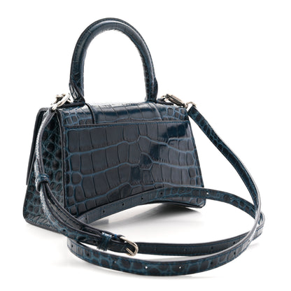 Balenciaga Shiny Calfskin Crocodile Embossed Hourglass Top Handle Bag XS Denim Blue 3 of 12