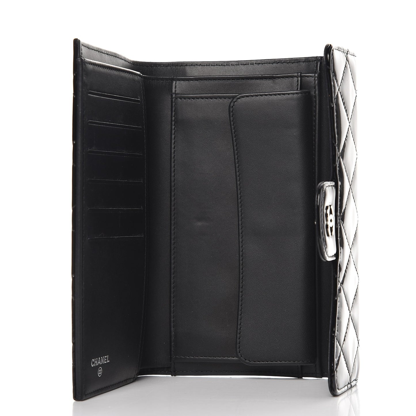 Patent Calfskin Quilted Large Flap Wallet Black
