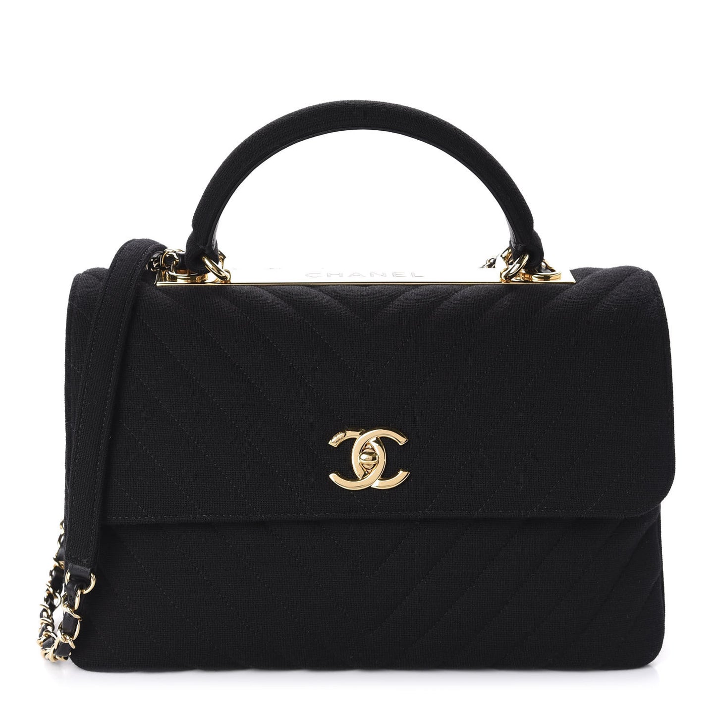Jersey Chevron Quilted Medium Trendy CC Dual Handle Flap Bag Black