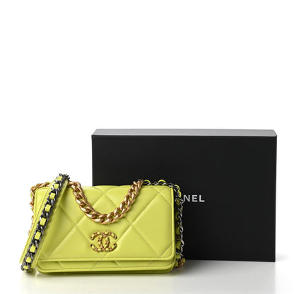 Chanel Shiny Lambskin Quilted Chanel 19 Wallet On Chain WOC Neon Yellow 12 of 12