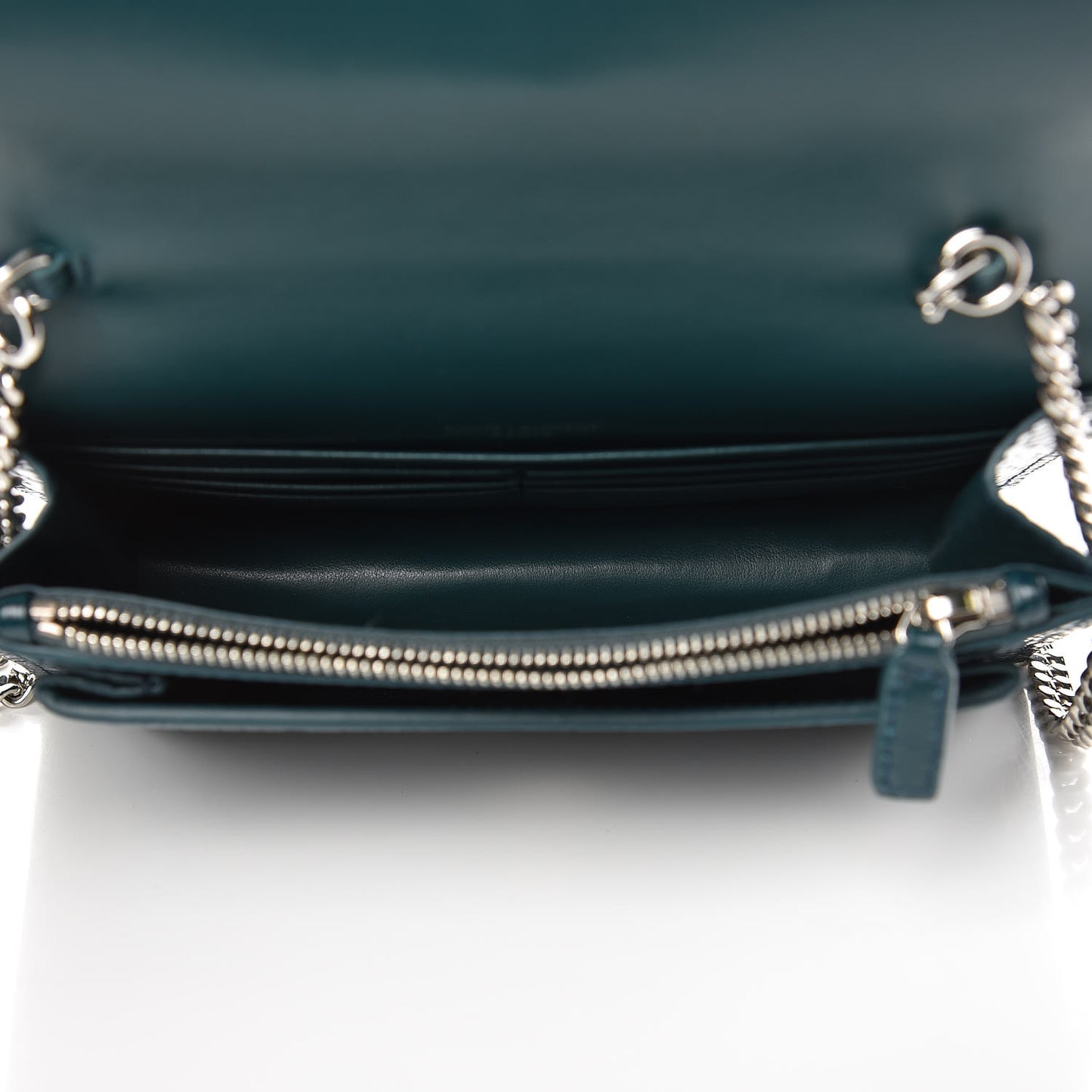 Calfskin Crocodile Embossed Monogram Sunset Chain Wallet Dark Turquoise