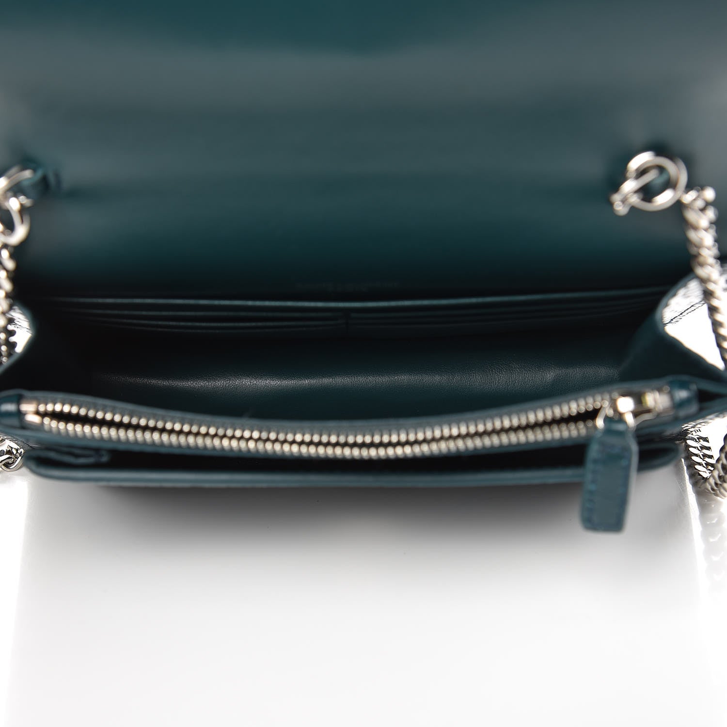 Saint Laurent Calfskin Crocodile Embossed Monogram Sunset Chain Wallet Dark Turquoise 5 of 9
