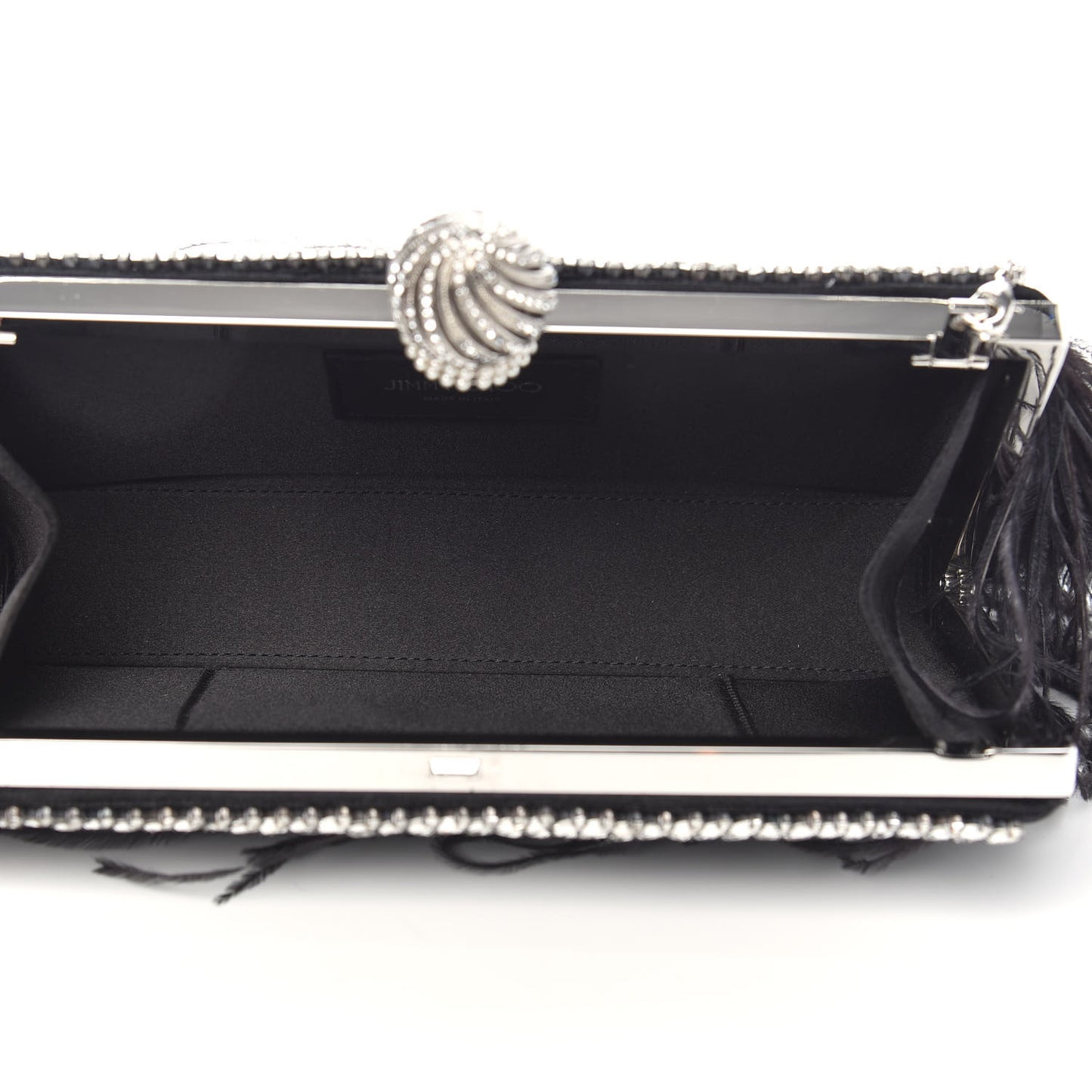 Satin Feather Crystal Embellished Celeste Clutch Black