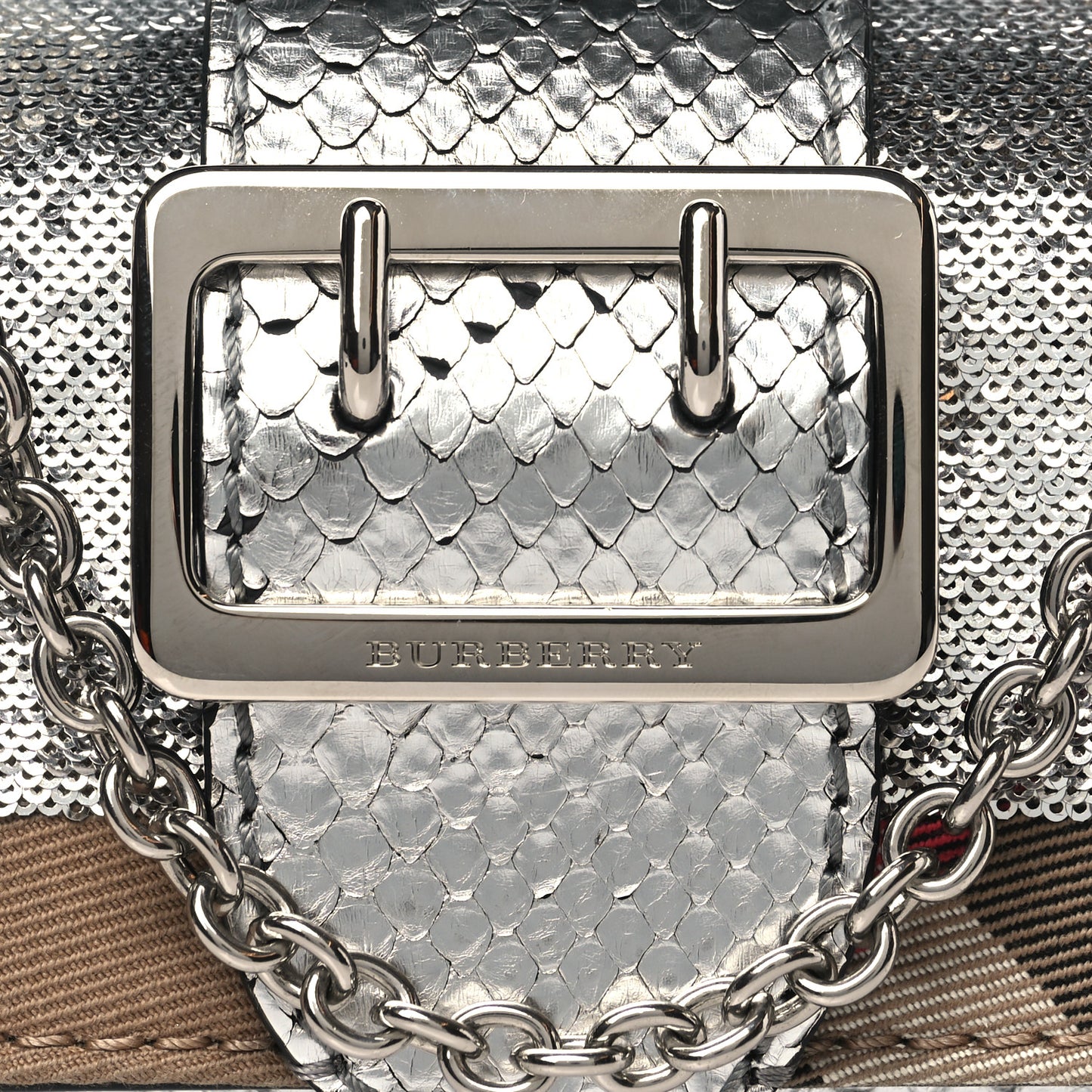 Metallic Snakeskin House Check Sequin Mini Madison Buckle Bag Silver