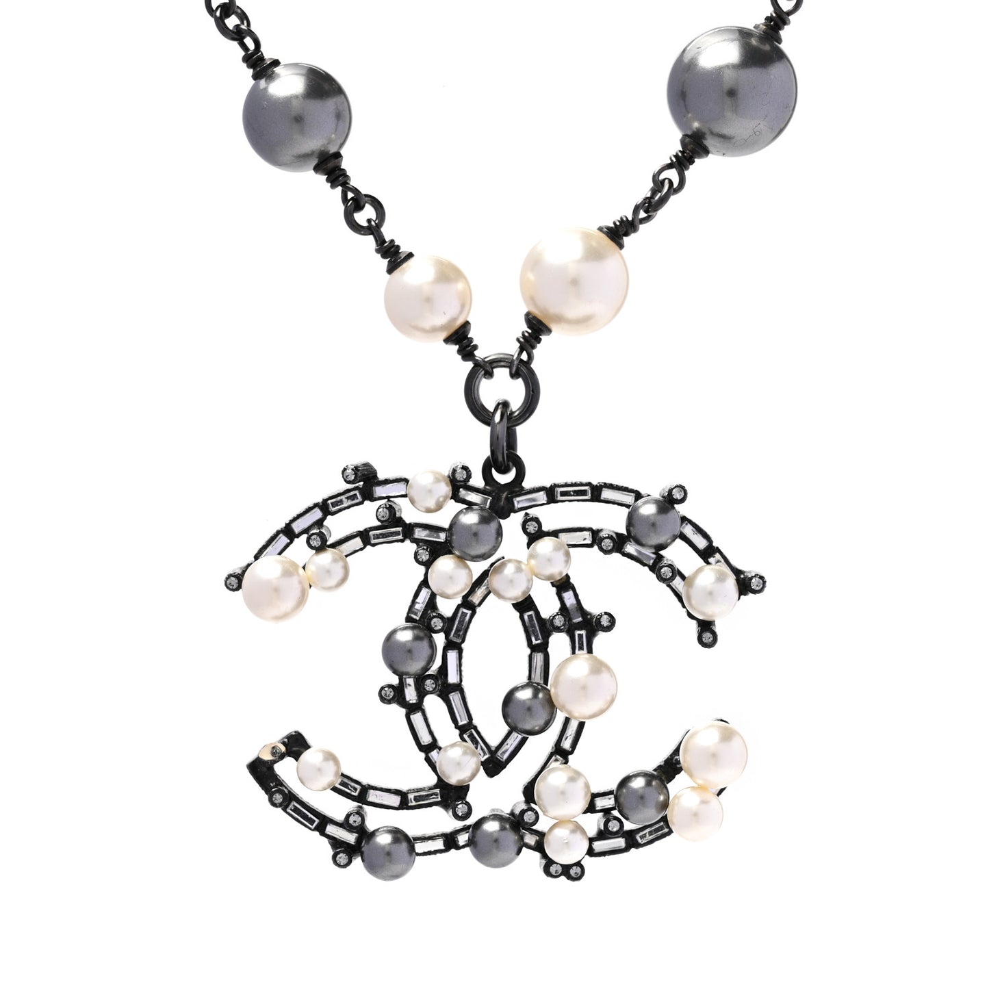Ruthenium Pearl Baguette Crystal CC Necklace Black