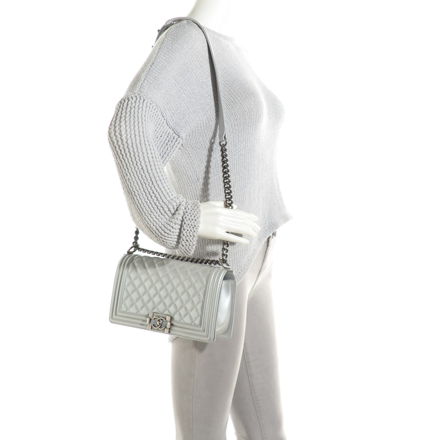 Metallic Calfskin Quilted Medium Boy Flap Silver