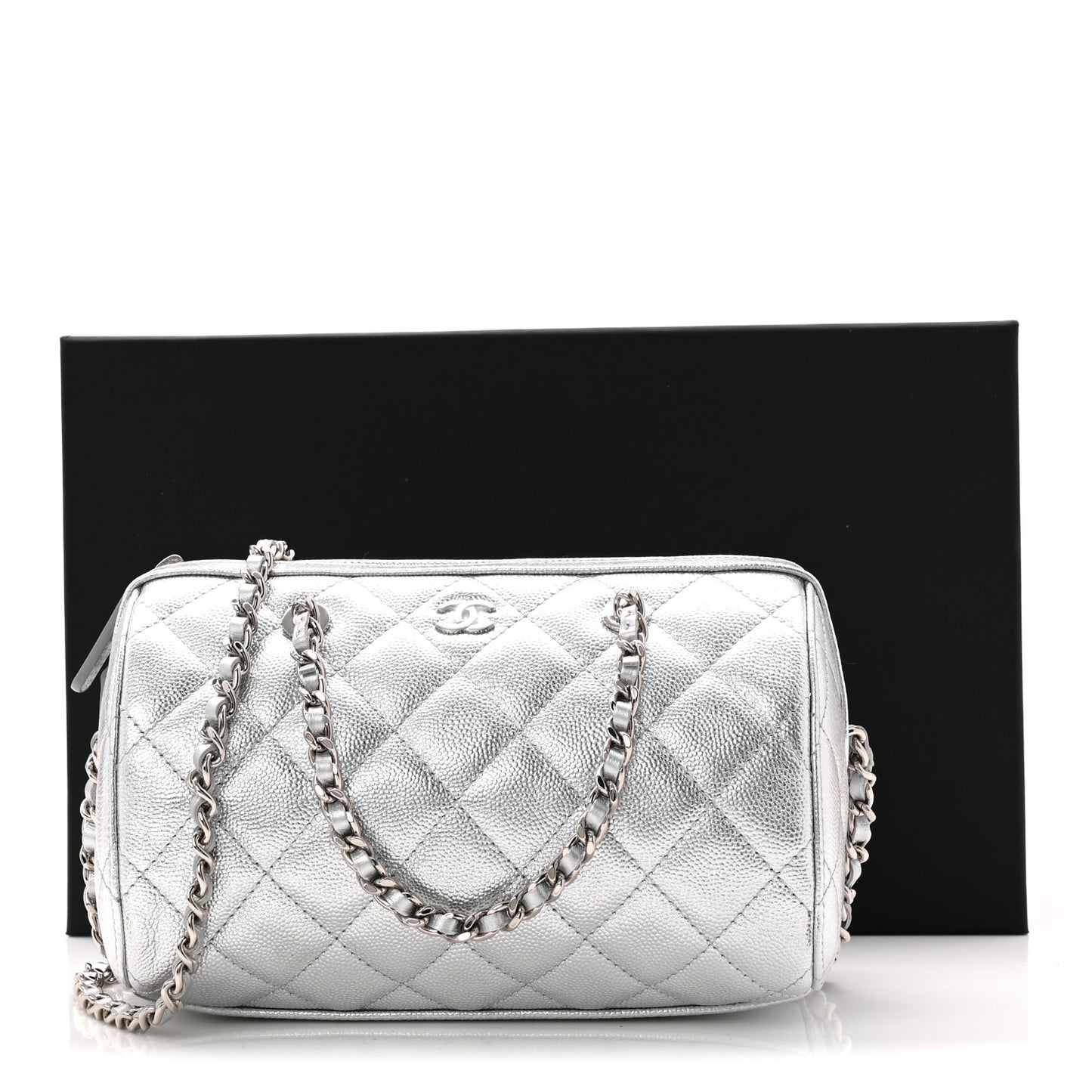 Metallic Caviar Quilted Barrel Clutch With Chain Silver