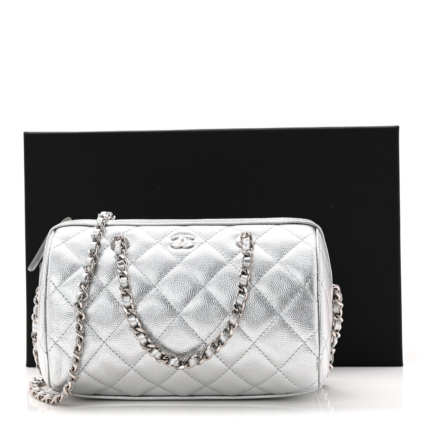 Chanel Metallic Caviar Quilted Barrel Clutch With Chain Silver 11 of 11