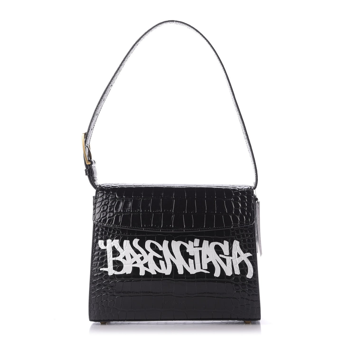 Shiny Calfskin Graffiti Logo Crocodile Embossed Medium Ghost Shoulder Bag Black White