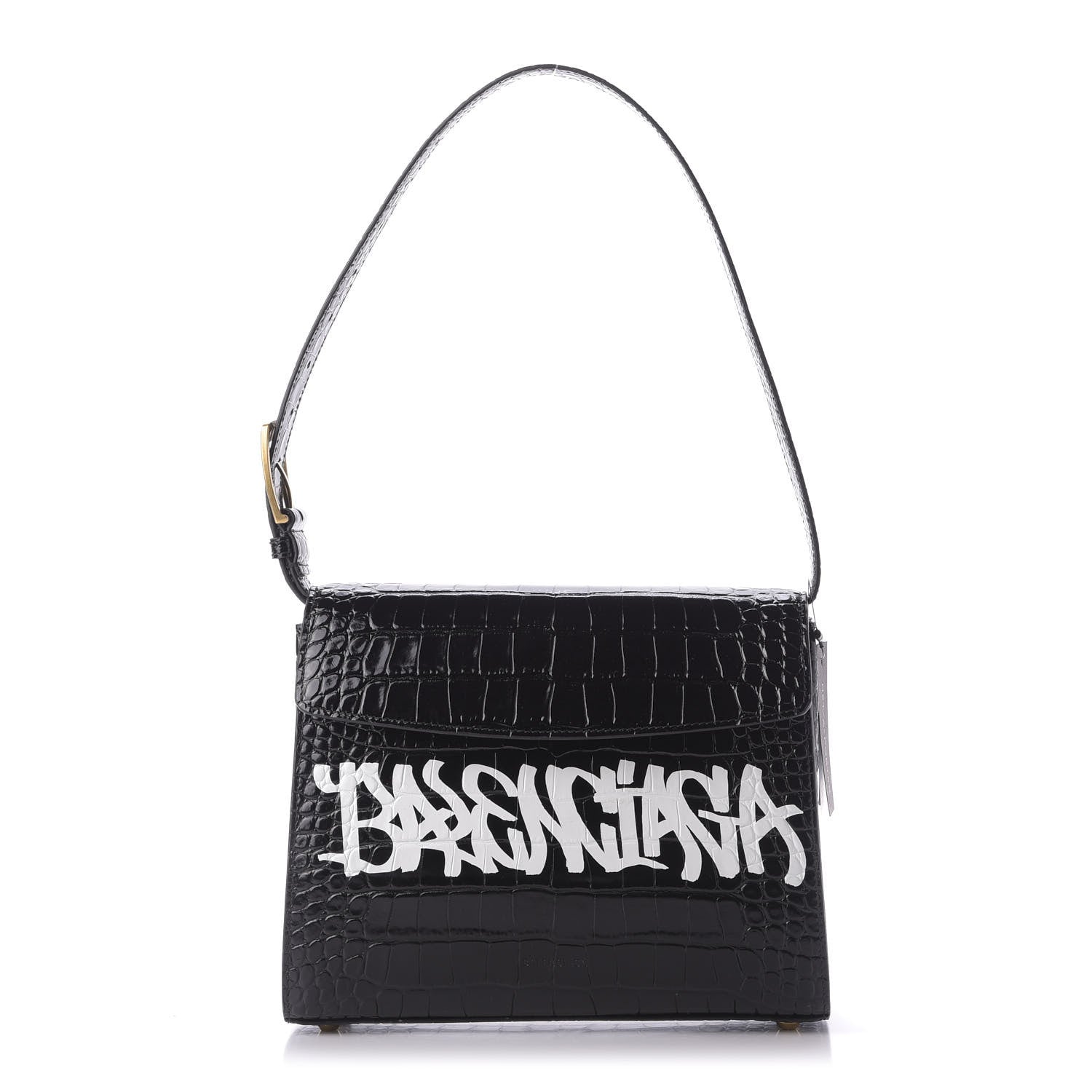 Balenciaga Shiny Calfskin Graffiti Logo Crocodile Embossed Medium Ghost Shoulder Bag Black White 1 of 8