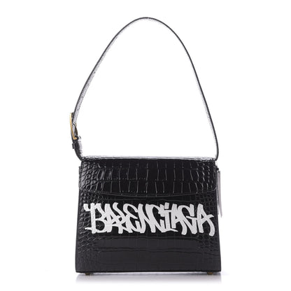 Balenciaga Shiny Calfskin Graffiti Logo Crocodile Embossed Medium Ghost Shoulder Bag Black White 1 of 8