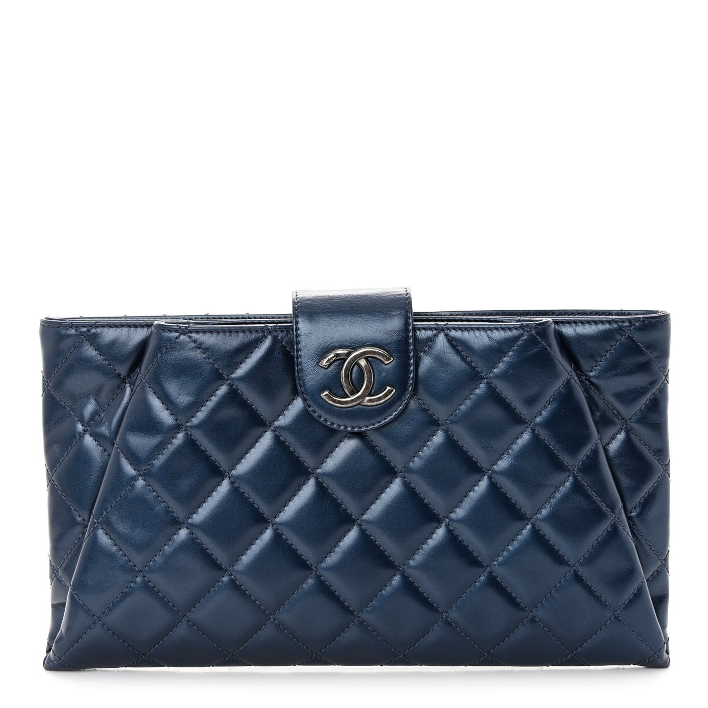 Glazed Calfskin Quilted Coco Pleats Clutch Navy