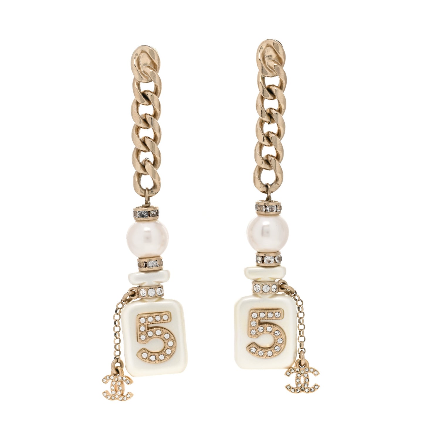 Pearl Resin Crystal CC No 5 Perfume Bottle Chain Drop Earrings Gold Pearly White