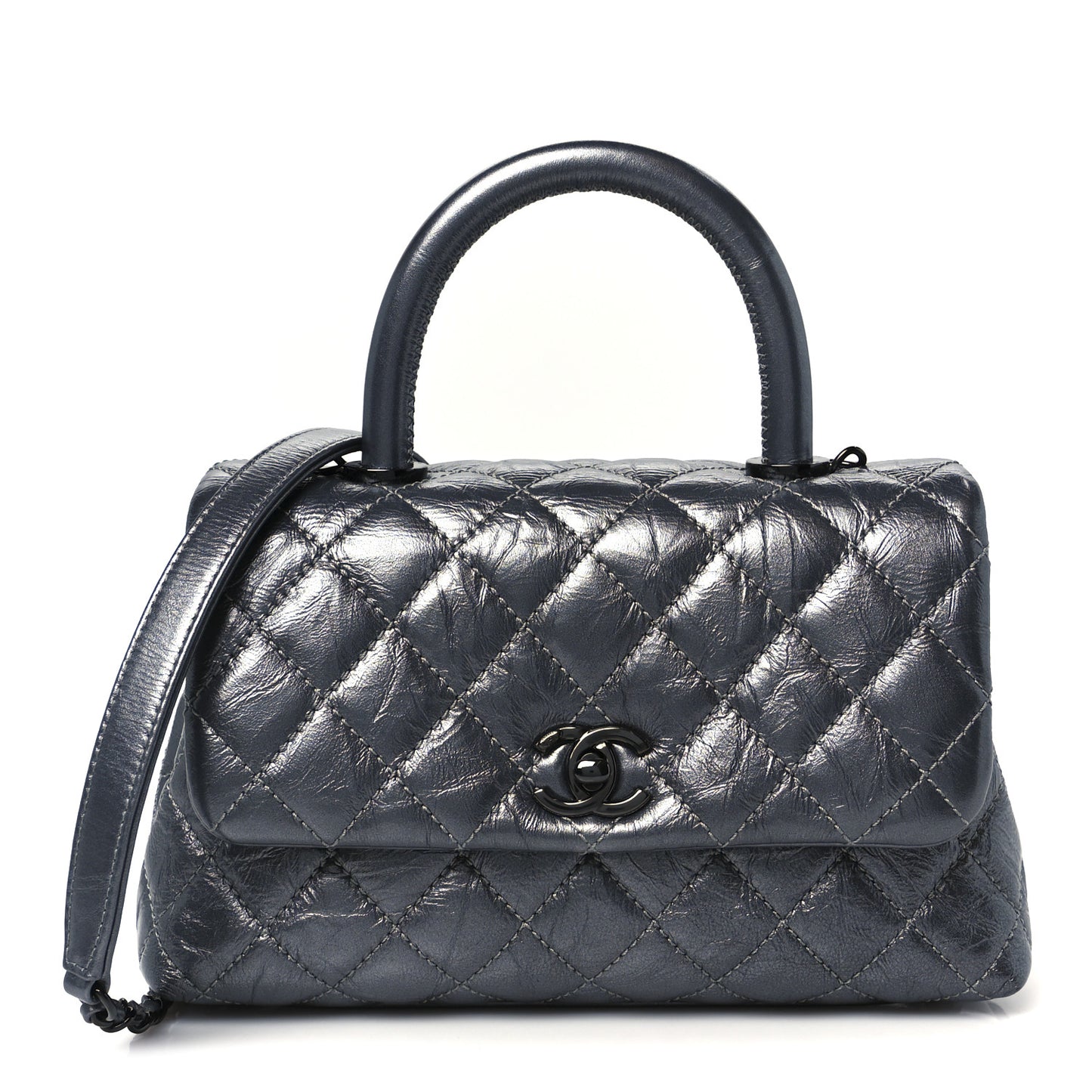 Metallic Aged Calfskin Quilted Mini Coco Handle Flap Charcoal