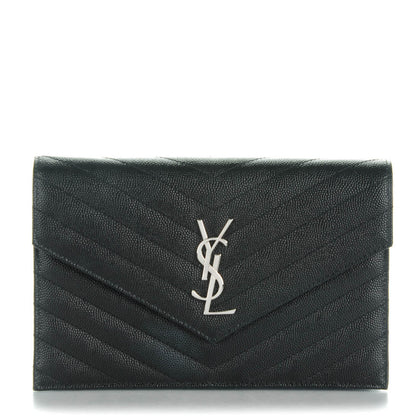 Saint Laurent Grain De Poudre Matelasse Chevron Monogram Envelope Chain Wallet Black 1 of 7