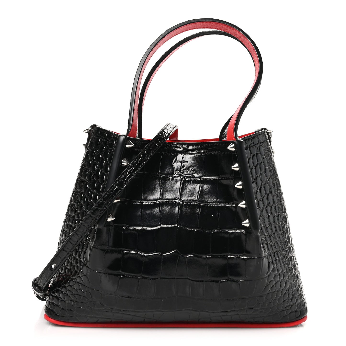 Patent Crocodile Embossed Spiked Mini Cabarock Shopper Tote  Black