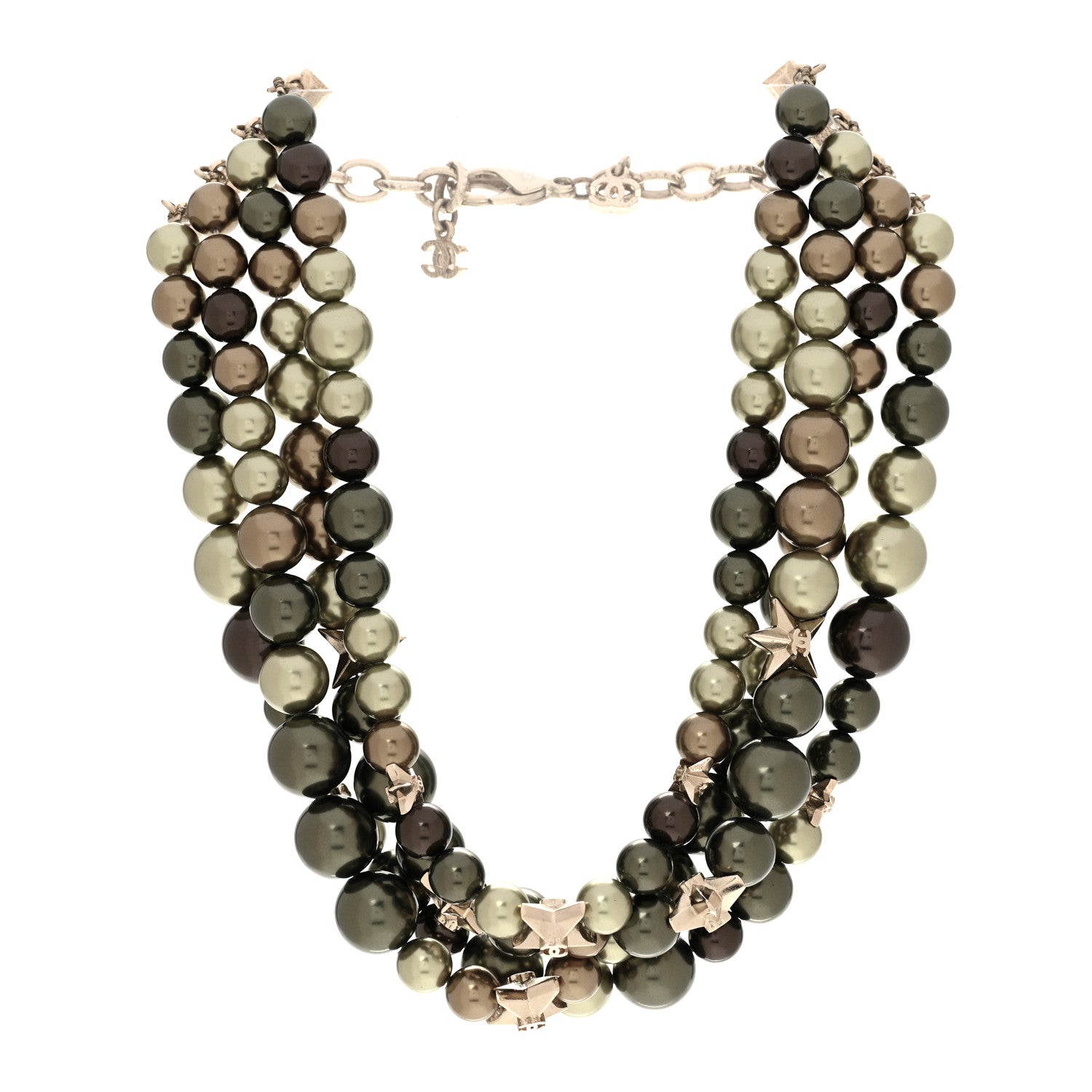 Chanel Metal Textured Bead CC Star Choker Necklace Green Gold 3 of 5