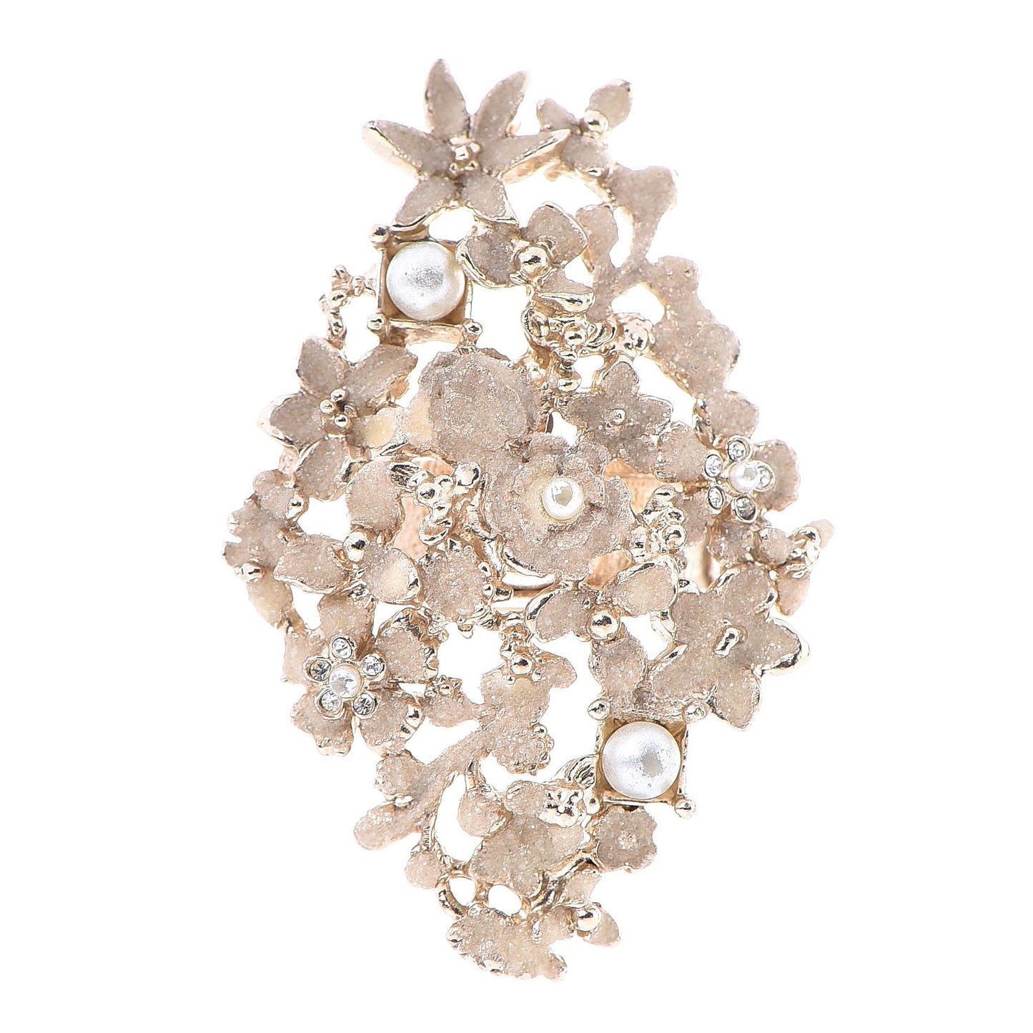 Textured Enamel Pearl Crystal Flower Cluster Ring 6 Gold