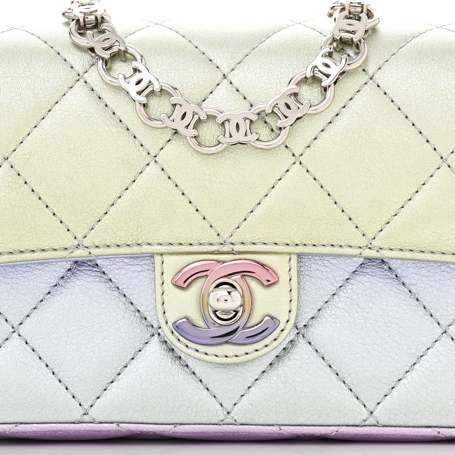Gradient Metallic Calfskin Quilted Clutch Silver Blue Yellow Purple