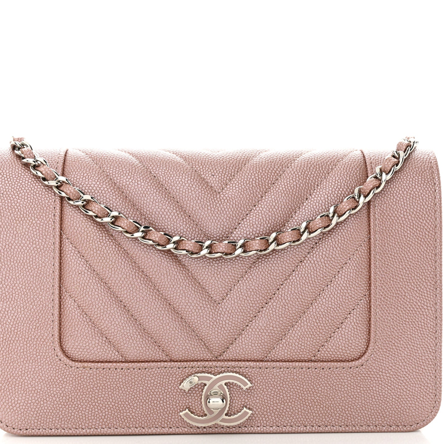 Metallic Caviar Chevron Quilted Vintage Mademoiselle Wallet On Chain WOC Pink
