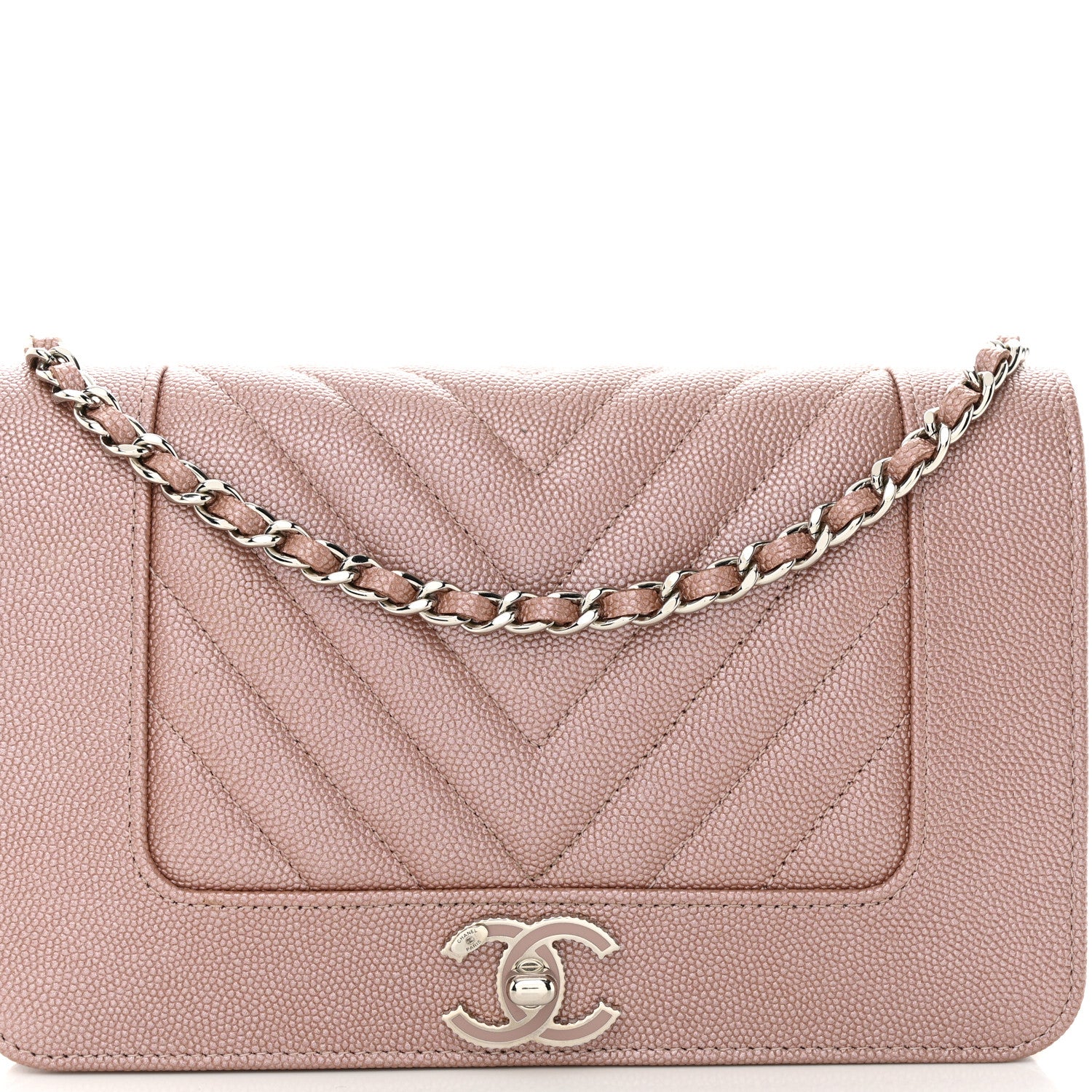 Chanel Metallic Caviar Chevron Quilted Vintage Mademoiselle Wallet On Chain WOC Pink 10 of 13