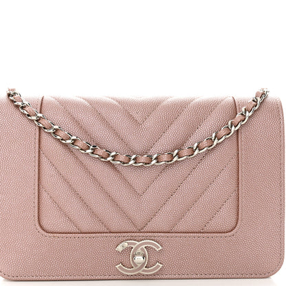 Chanel Metallic Caviar Chevron Quilted Vintage Mademoiselle Wallet On Chain WOC Pink 10 of 13