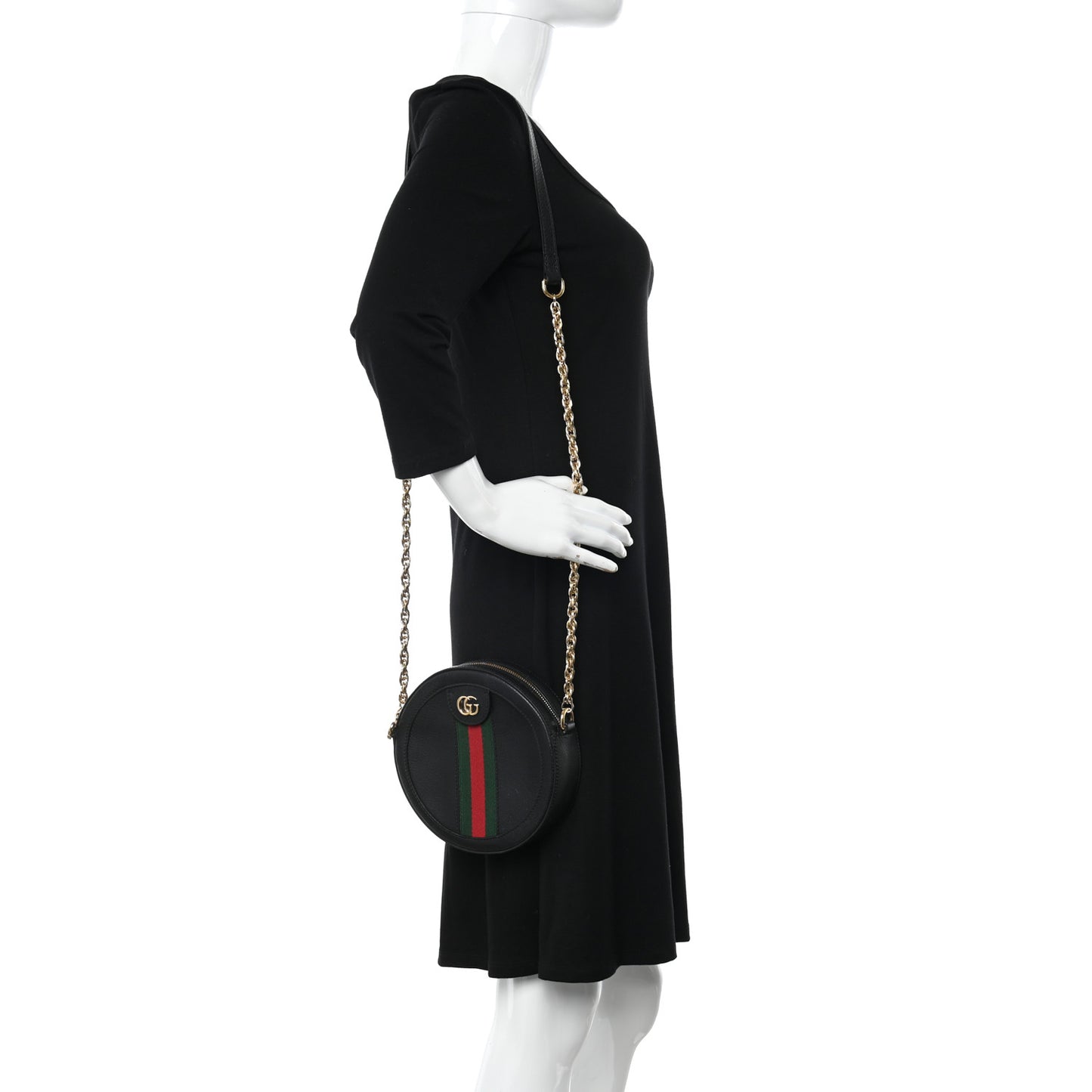 Grained Calfskin Web Mini Ophidia Round Shoulder Bag Black
