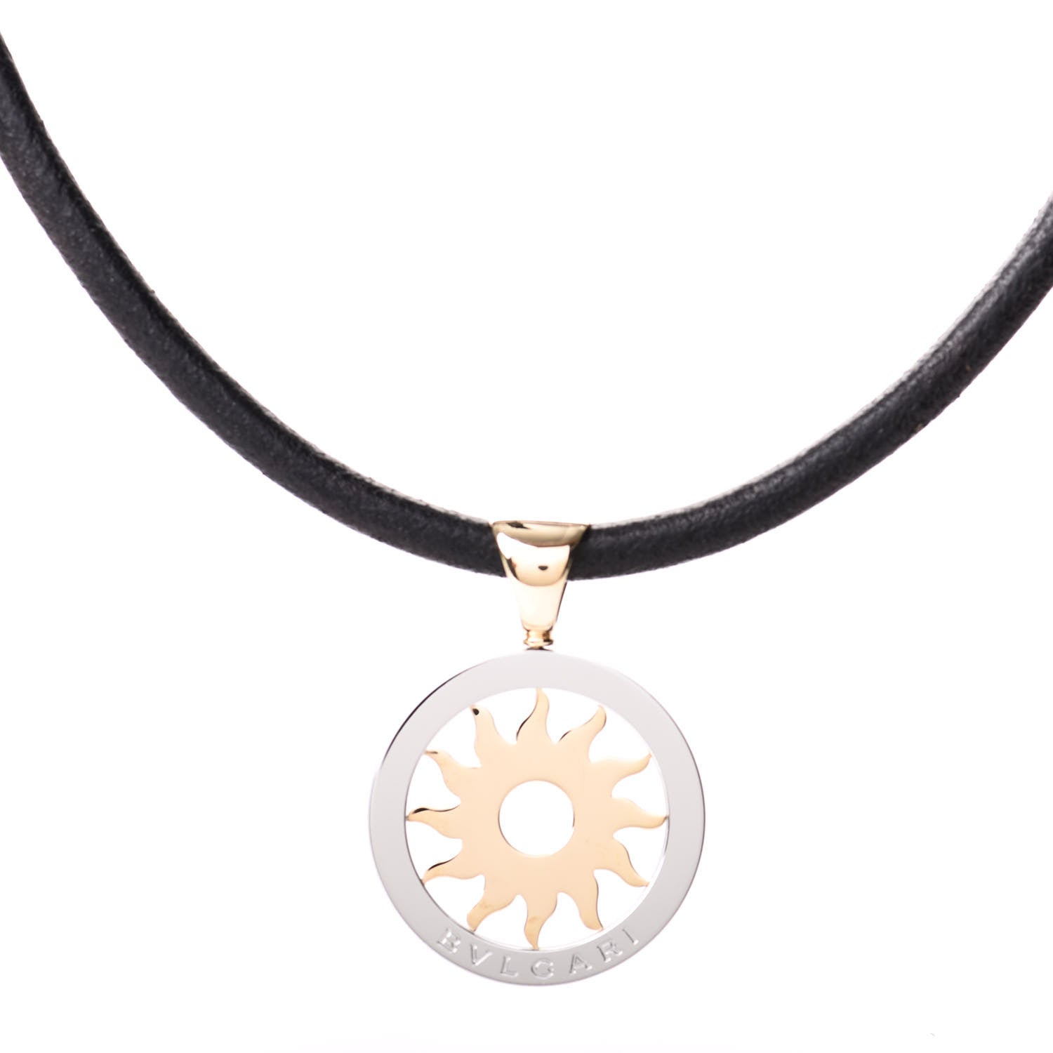 Bulgari 18K Yellow Gold Stainless Steel Calfskin Tondo Sun Pendant Necklace Black 1 of 4