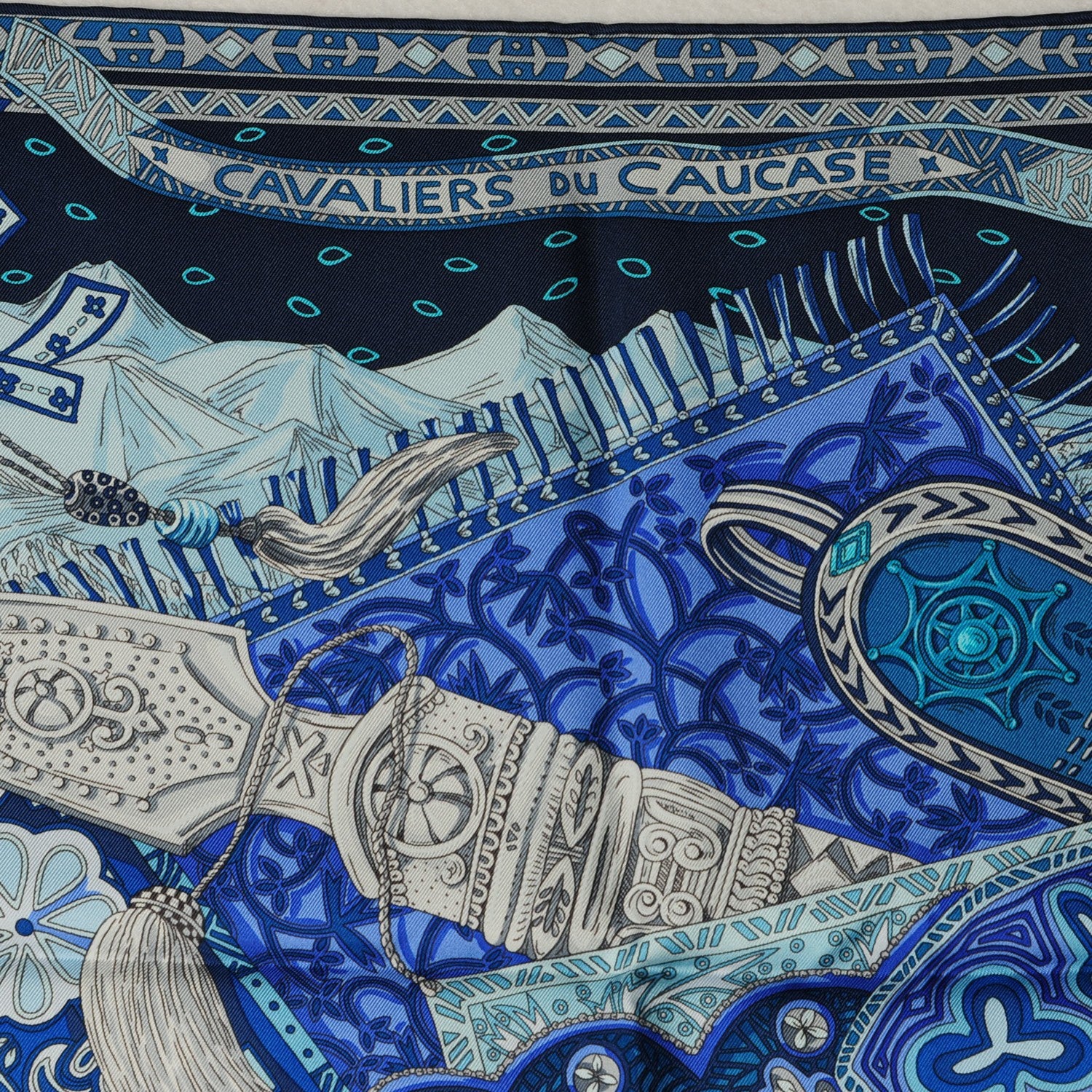 Hermes Silk Cavaliers du Caucase Scarf 90 Marine Gris Turquoise 3 of 6