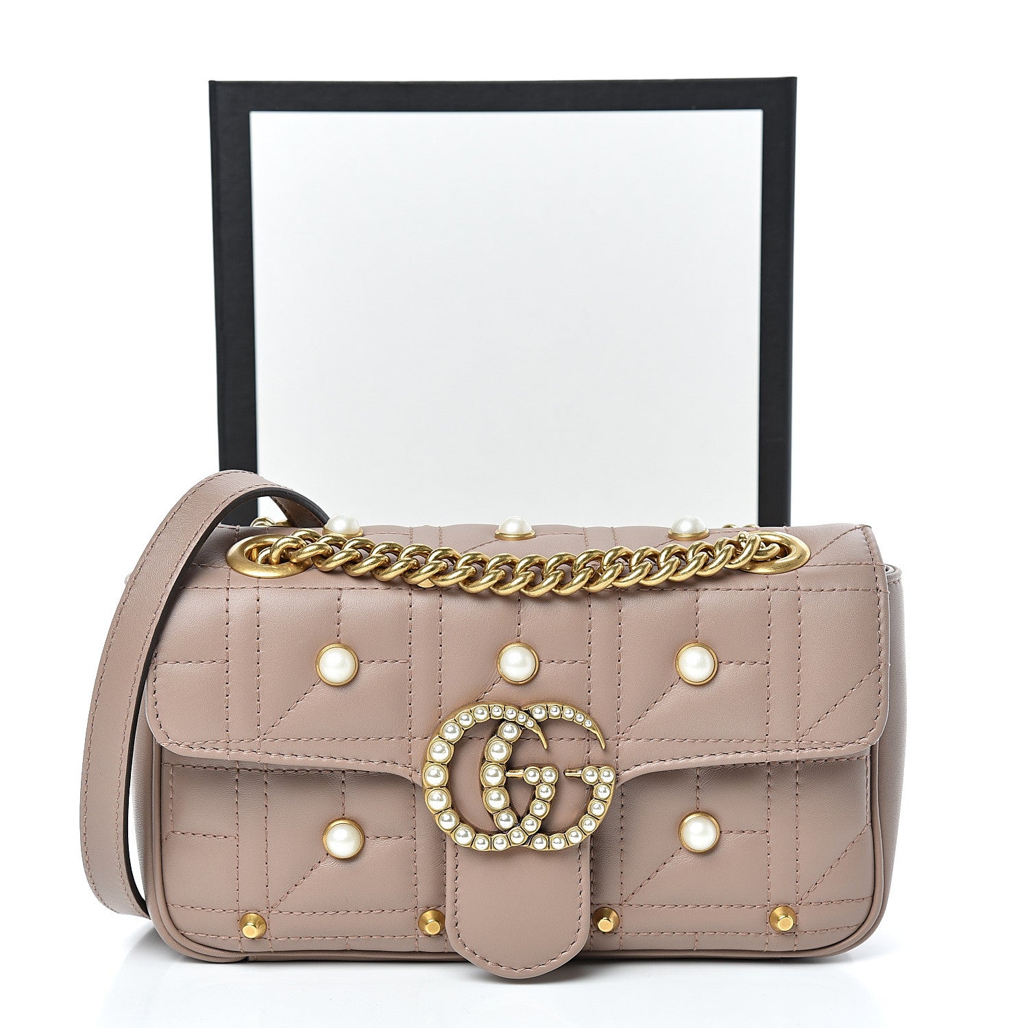 Gucci Calfskin Matelasse Studded Mini Pearly GG Marmont Shoulder Bag Porcelain Rose 12 of 12
