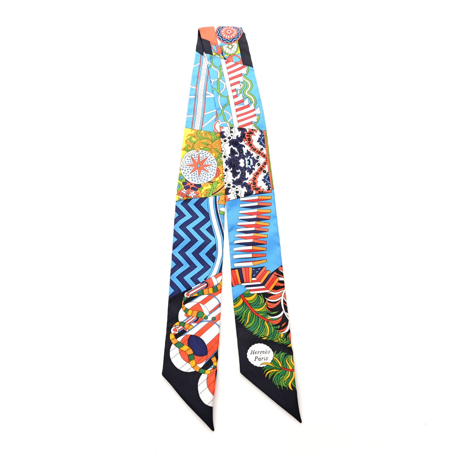 Hermes Silk De l'Ombrelle Aux Duels Twilly Black Bleu Jaune Vif 2 of 4