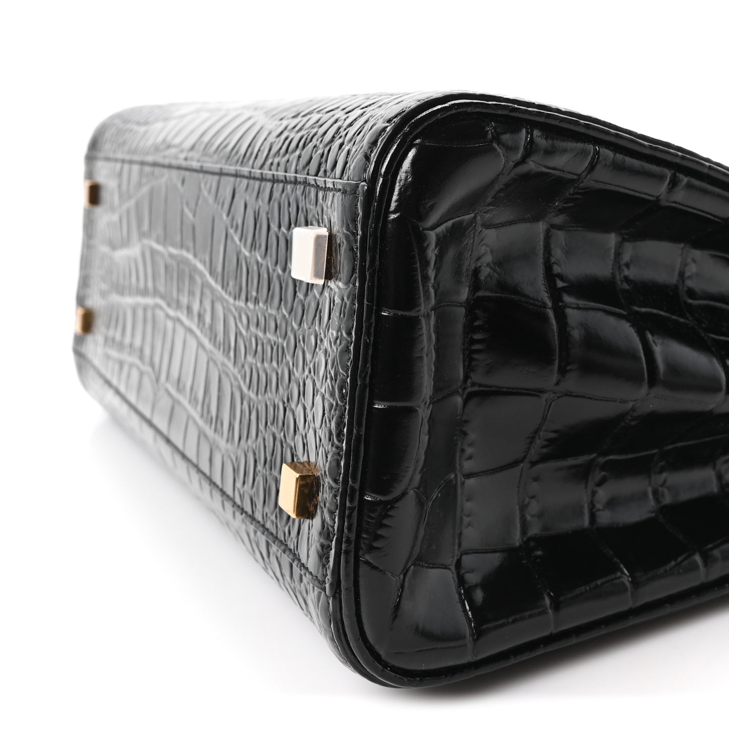 Shiny Calfskin Crocodile Embossed Le Fermoir Top Handle Bag Black